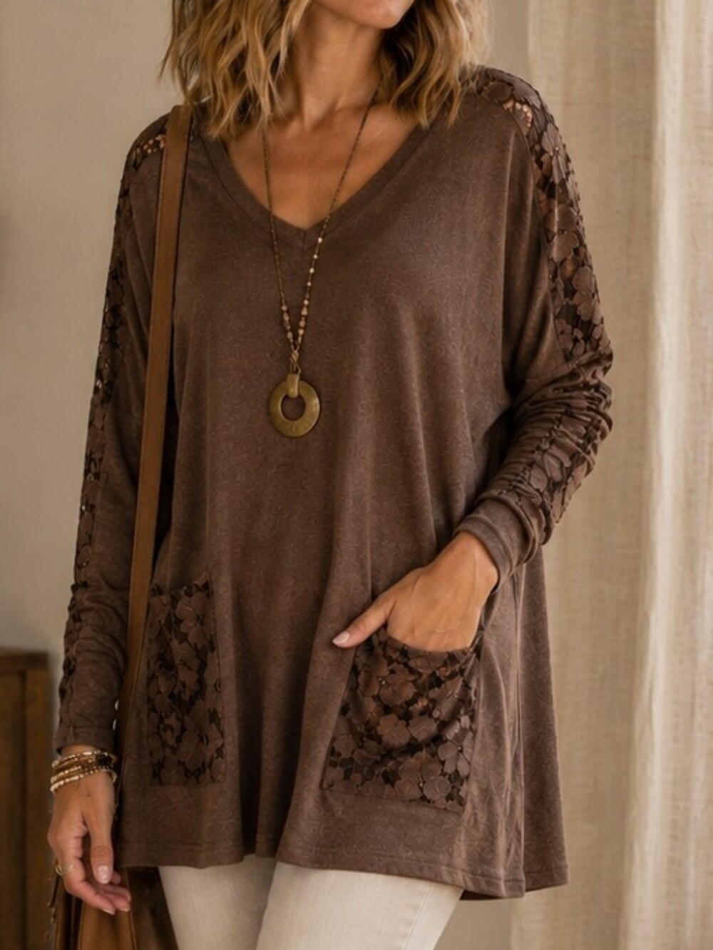 Tempo Paris Brown V‑Neck Lace Sleeve Tunic